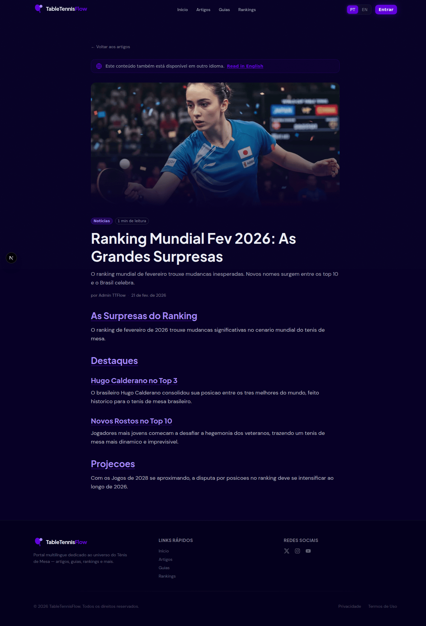 Pagina de ranking do TableTennisFlow