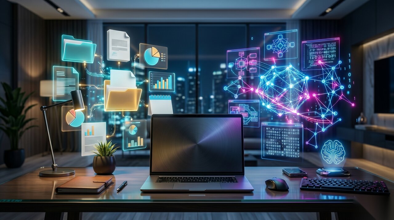 Workspace híbrido com ferramentas de escritório (pastas, planilhas, gráficos) e elementos de código (rede neural, terminais), representando os dois domínios cobertos por Claude Cowork e Claude Code.